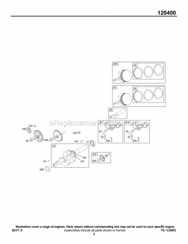 CamsCrankshaft Piston Group Diagram and Parts List for 120412-0139-E1  Briggs and Stratton Engine